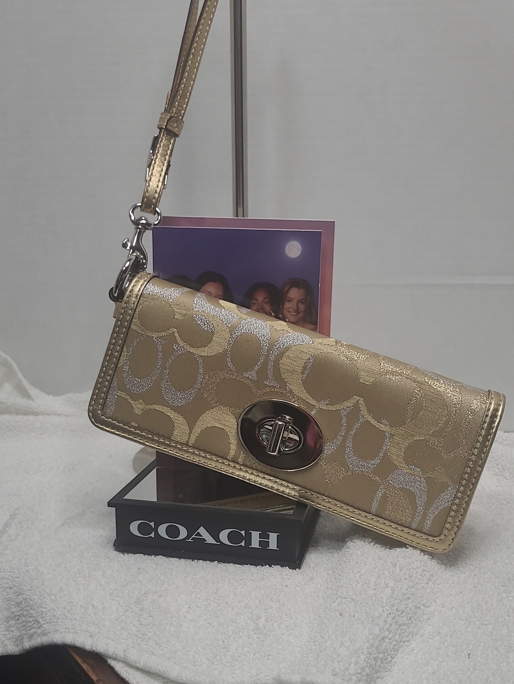 COACH Gold Metallic Signature Turnlock Wristlet